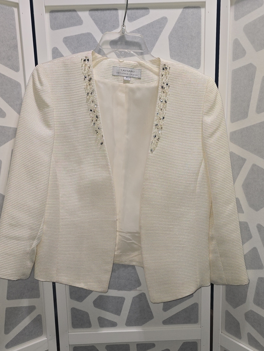 Tahari Cream Open-Front Beaded Jacket Textured Wedding Guest